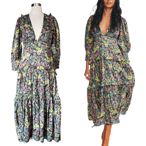 LOVESHACKFANCY Lorencia Maxi Dress Night Sky Glow Floral Multicolor S/M 6-8 NWT - Picture 2 of 12